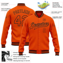 Laden Sie das Bild in den Galerie-Viewer, Custom Orange Black Bomber Full-Snap Varsity Letterman Jacket