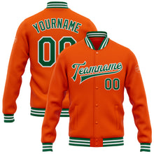 Charger l'image dans la galerie, Custom Orange Kelly Green-White Bomber Full-Snap Varsity Letterman Jacket