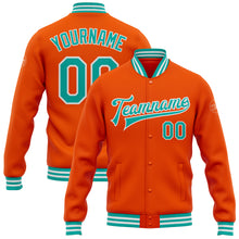 Load image into Gallery viewer, Custom Orange Aqua-White Bomber Full-Snap Varsity Letterman Jacket