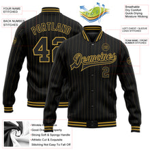 Charger l'image dans la galerie, Custom Black Old Gold Pinstripe Old Gold Bomber Full-Snap Varsity Letterman Jacket