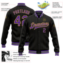 Charger l'image dans la galerie, Custom Black Old Gold Pinstripe Purple-White Bomber Full-Snap Varsity Letterman Jacket