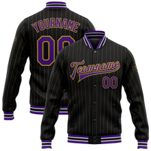 Charger l'image dans la galerie, Custom Black Old Gold Pinstripe Purple-White Bomber Full-Snap Varsity Letterman Jacket
