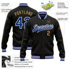 Charger l'image dans la galerie, Custom Black Old Gold Pinstripe Royal-White Bomber Full-Snap Varsity Letterman Jacket