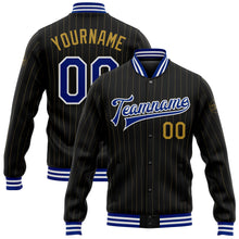 Charger l'image dans la galerie, Custom Black Old Gold Pinstripe Royal-White Bomber Full-Snap Varsity Letterman Jacket