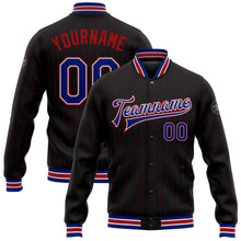Charger l'image dans la galerie, Custom Black Red Pinstripe Royal-White Bomber Full-Snap Varsity Letterman Jacket