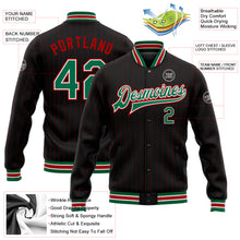 Charger l'image dans la galerie, Custom Black Red Pinstripe Kelly Green-White Bomber Full-Snap Varsity Letterman Jacket