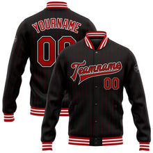 Laden Sie das Bild in den Galerie-Viewer, Custom Black Red Pinstripe Red-White Bomber Full-Snap Varsity Letterman Jacket