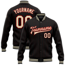 Laden Sie das Bild in den Galerie-Viewer, Custom Black Red Pinstripe Cream Bomber Full-Snap Varsity Letterman Jacket