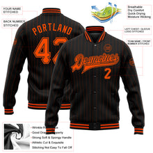 Laden Sie das Bild in den Galerie-Viewer, Custom Black Orange Pinstripe Orange Bomber Full-Snap Varsity Letterman Jacket