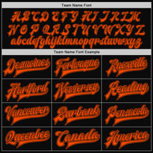 Laden Sie das Bild in den Galerie-Viewer, Custom Black Orange Pinstripe Orange Bomber Full-Snap Varsity Letterman Jacket