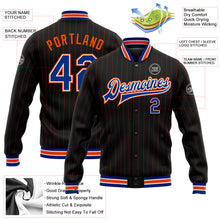 Laden Sie das Bild in den Galerie-Viewer, Custom Black Orange Pinstripe Royal-White Bomber Full-Snap Varsity Letterman Jacket