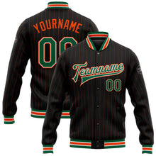 Laden Sie das Bild in den Galerie-Viewer, Custom Black Orange Pinstripe Kelly Green-White Bomber Full-Snap Varsity Letterman Jacket