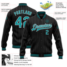 Laden Sie das Bild in den Galerie-Viewer, Custom Black Gray Pinstripe Teal Bomber Full-Snap Varsity Letterman Jacket