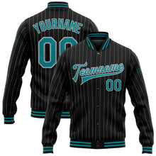 Laden Sie das Bild in den Galerie-Viewer, Custom Black Gray Pinstripe Teal Bomber Full-Snap Varsity Letterman Jacket