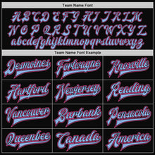Load image into Gallery viewer, Custom Black Pink Pinstripe Light Blue Bomber Full-Snap Varsity Letterman Jacket