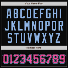 Load image into Gallery viewer, Custom Black Pink Pinstripe Light Blue Bomber Full-Snap Varsity Letterman Jacket