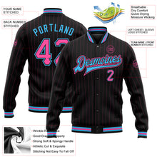Загрузить изображение в средство просмотра галереи, Custom Black Pink Pinstripe Sky Blue Bomber Full-Snap Varsity Letterman Jacket