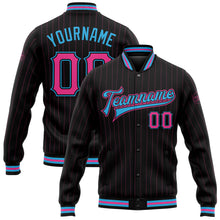 Загрузить изображение в средство просмотра галереи, Custom Black Pink Pinstripe Sky Blue Bomber Full-Snap Varsity Letterman Jacket