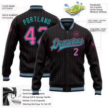 Load image into Gallery viewer, Custom Black Pink Pinstripe Aqua Bomber Full-Snap Varsity Letterman Jacket

