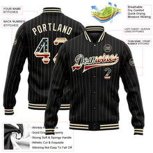 Загрузить изображение в средство просмотра галереи, Custom Black Cream Pinstripe Vintage USA Flag Bomber Full-Snap Varsity Letterman Jacket
