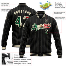 Laden Sie das Bild in den Galerie-Viewer, Custom Black Cream Pinstripe Vintage Mexican Flag Bomber Full-Snap Varsity Letterman Jacket