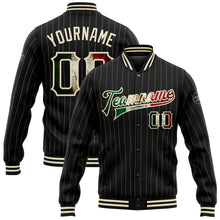 Laden Sie das Bild in den Galerie-Viewer, Custom Black Cream Pinstripe Vintage Mexican Flag Bomber Full-Snap Varsity Letterman Jacket