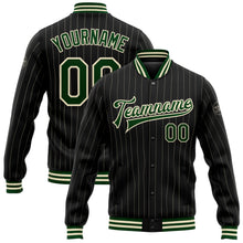 Загрузить изображение в средство просмотра галереи, Custom Black Cream Pinstripe Green Bomber Full-Snap Varsity Letterman Jacket