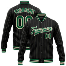 Загрузить изображение в средство просмотра галереи, Custom Black Cream Pinstripe Kelly Green Bomber Full-Snap Varsity Letterman Jacket