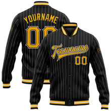 Load image into Gallery viewer, Custom Black White Pinstripe Gold Bomber Full-Snap Varsity Letterman Jacket
