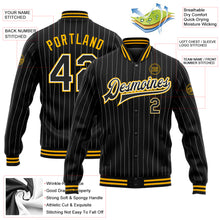 Laden Sie das Bild in den Galerie-Viewer, Custom Black White Pinstripe Gold Bomber Full-Snap Varsity Letterman Jacket