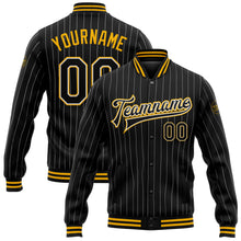 Laden Sie das Bild in den Galerie-Viewer, Custom Black White Pinstripe Gold Bomber Full-Snap Varsity Letterman Jacket