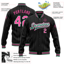 Laden Sie das Bild in den Galerie-Viewer, Custom Black White Pinstripe Pink-Kelly Green Bomber Full-Snap Varsity Letterman Jacket