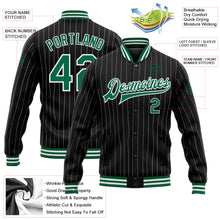 Laden Sie das Bild in den Galerie-Viewer, Custom Black White Pinstripe Kelly Green Bomber Full-Snap Varsity Letterman Jacket