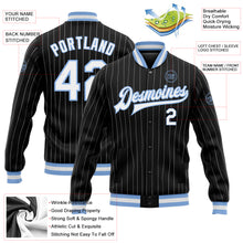 Laden Sie das Bild in den Galerie-Viewer, Custom Black White Pinstripe Light Blue Bomber Full-Snap Varsity Letterman Jacket