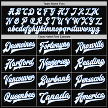 Laden Sie das Bild in den Galerie-Viewer, Custom Black White Pinstripe Light Blue Bomber Full-Snap Varsity Letterman Jacket