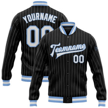 Laden Sie das Bild in den Galerie-Viewer, Custom Black White Pinstripe Light Blue Bomber Full-Snap Varsity Letterman Jacket