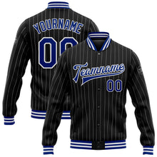 Laden Sie das Bild in den Galerie-Viewer, Custom Black White Pinstripe Royal Bomber Full-Snap Varsity Letterman Jacket
