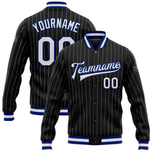 Laden Sie das Bild in den Galerie-Viewer, Custom Black White Pinstripe Royal Bomber Full-Snap Varsity Letterman Jacket