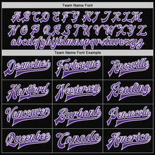 Load image into Gallery viewer, Custom Black White Pinstripe Purple Bomber Full-Snap Varsity Letterman Jacket
