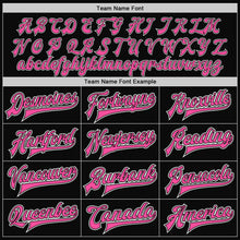 Laden Sie das Bild in den Galerie-Viewer, Custom Black White Pinstripe Pink Bomber Full-Snap Varsity Letterman Jacket