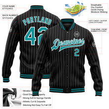 Load image into Gallery viewer, Custom Black White Pinstripe Teal Bomber Full-Snap Varsity Letterman Jacket
