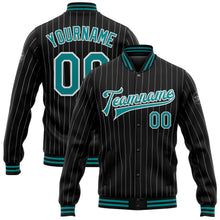 Laden Sie das Bild in den Galerie-Viewer, Custom Black White Pinstripe Teal Bomber Full-Snap Varsity Letterman Jacket