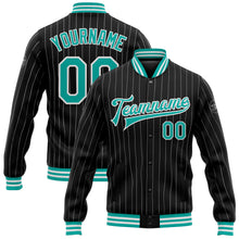 Laden Sie das Bild in den Galerie-Viewer, Custom Black White Pinstripe Aqua Bomber Full-Snap Varsity Letterman Jacket