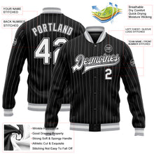 Загрузить изображение в средство просмотра галереи, Custom Black White Pinstripe Gray Bomber Full-Snap Varsity Letterman Jacket