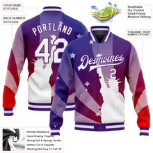 Laden Sie das Bild in den Galerie-Viewer, Custom Purple White-Red Statue of Liberty 3D Pattern Design Bomber Full-Snap Varsity Letterman Jacket