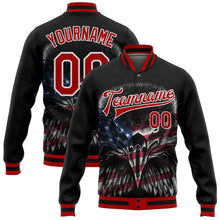 Laden Sie das Bild in den Galerie-Viewer, Custom Black Red-White Eagle With American Flag 3D Pattern Design Bomber Full-Snap Varsity Letterman Jacket