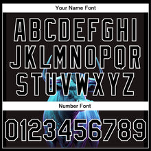 Laden Sie das Bild in den Galerie-Viewer, Custom Black White A Blue Bull With Blue Horns 3D Pattern Design Bomber Full-Snap Varsity Letterman Jacket