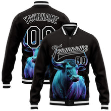 Laden Sie das Bild in den Galerie-Viewer, Custom Black White A Blue Bull With Blue Horns 3D Pattern Design Bomber Full-Snap Varsity Letterman Jacket