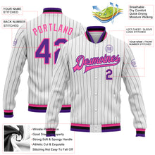 Load image into Gallery viewer, Custom White Black Pinstripe Purple-Pink Bomber Full-Snap Varsity Letterman Jacket