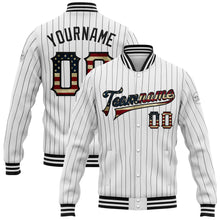 Laden Sie das Bild in den Galerie-Viewer, Custom White Black Pinstripe Vintage USA Flag Bomber Full-Snap Varsity Letterman Jacket